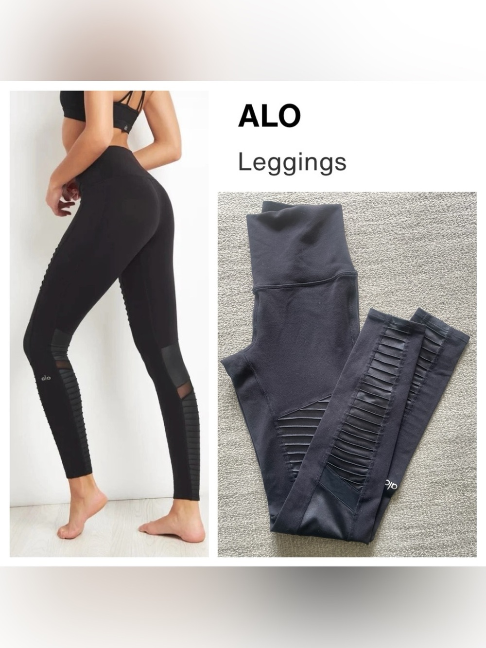 ALO Yoga Women’s Black Moto Mesh Panel Rib Leggings